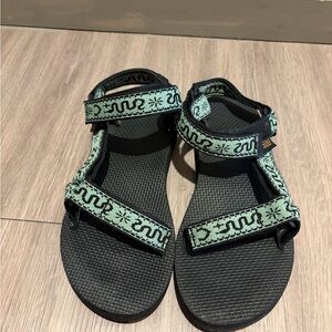Teva Black Sandal with Mint Green Patterned Straps